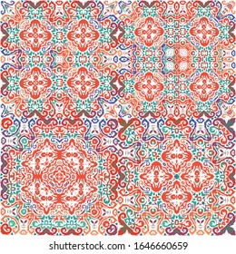 Antique ornate tiles talavera mexico. Original design. Collection of vector seamless patterns. Red ethnic backgrounds for T-shirts, scrapbooking, linens, smartphone cases or bags.