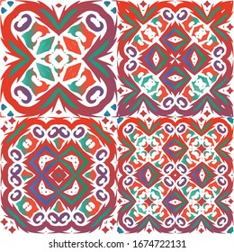 Antique ornate tiles talavera mexico. Minimal design. Set of vector seamless patterns. Red ethnic backgrounds for T-shirts, scrapbooking, linens, smartphone cases or bags.