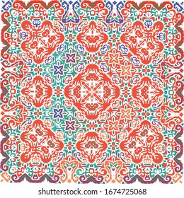 Antique ornate tiles talavera mexico. Vector seamless pattern frame. Creative design. Red ethnic background for T-shirts, scrapbooking, linens, smartphone cases or bags.
