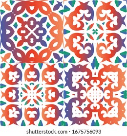 Antique ornate tiles talavera mexico. Collection of vector seamless patterns. Graphic design. Red ethnic backgrounds for T-shirts, scrapbooking, linens, smartphone cases or bags.