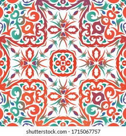 Antique ornate tiles talavera mexico. Fashionable design. Vector seamless pattern template. Red ethnic background for T-shirts, scrapbooking, linens, smartphone cases or bags.
