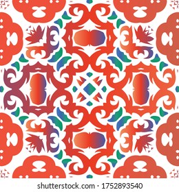 Antique ornate tiles talavera mexico. Vector seamless pattern watercolor. Colored design. Red ethnic background for T-shirts, scrapbooking, linens, smartphone cases or bags.