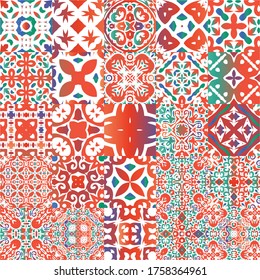 Antique ornate tiles talavera mexico. Set of vector seamless patterns. Geometric design. Red ethnic backgrounds for T-shirts, scrapbooking, linens, smartphone cases or bags.
