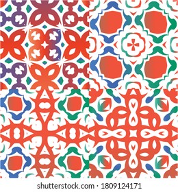 Antique ornate tiles talavera mexico. Creative design. Collection of vector seamless patterns. Red ethnic backgrounds for T-shirts, scrapbooking, linens, smartphone cases or bags.