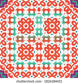 Antique ornate tiles talavera mexico. Vector seamless pattern arabesque. Fashionable design. Red ethnic background for T-shirts, scrapbooking, linens, smartphone cases or bags.