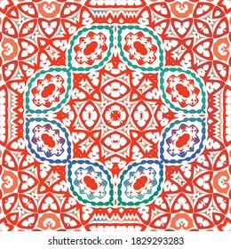 Antique ornate tiles talavera mexico. Hand drawn design. Vector seamless pattern trellis. Red ethnic background for T-shirts, scrapbooking, linens, smartphone cases or bags.