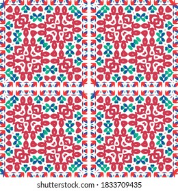 Antique ornate tiles talavera mexico. Set of vector seamless patterns. Stylish design. Red ethnic backgrounds for T-shirts, scrapbooking, linens, smartphone cases or bags.