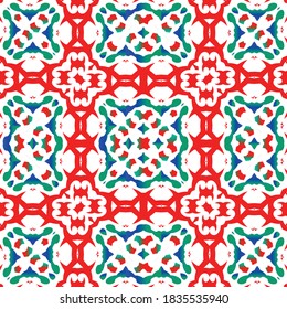 Antique ornate tiles talavera mexico. Minimal design. Vector seamless pattern flyer. Red ethnic background for T-shirts, scrapbooking, linens, smartphone cases or bags.