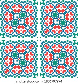 Antique ornate tiles talavera mexico. Set of vector seamless patterns. Stylish design. Red ethnic backgrounds for T-shirts, scrapbooking, linens, smartphone cases or bags.