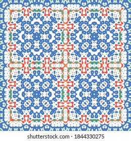 Antique ornate tiles talavera mexico. Minimal design. Vector seamless pattern flyer. Red ethnic background for T-shirts, scrapbooking, linens, smartphone cases or bags.