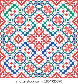 Antique ornate tiles talavera mexico. Minimal design. Vector seamless pattern flyer. Red ethnic background for T-shirts, scrapbooking, linens, smartphone cases or bags.