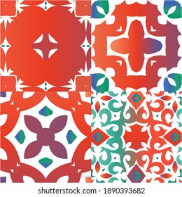 Antique ornate tiles talavera mexico. Modern design. Kit of vector seamless patterns. Red ethnic backgrounds for T-shirts, scrapbooking, linens, smartphone cases or bags.