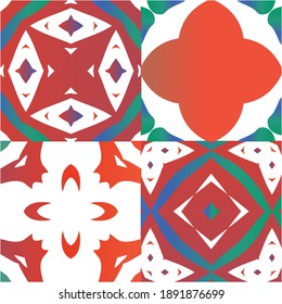 Antique ornate tiles talavera mexico. Set of vector seamless patterns. Colored design. Red ethnic backgrounds for T-shirts, scrapbooking, linens, smartphone cases or bags.
