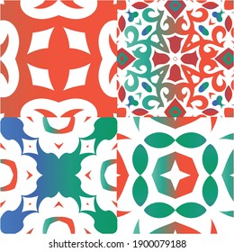 Antique ornate tiles talavera mexico. Set of vector seamless patterns. Stylish design. Red ethnic backgrounds for T-shirts, scrapbooking, linens, smartphone cases or bags.