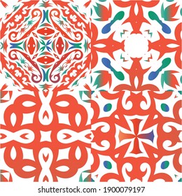 Antique ornate tiles talavera mexico. Collection of vector seamless patterns. Modern design. Red ethnic backgrounds for T-shirts, scrapbooking, linens, smartphone cases or bags.