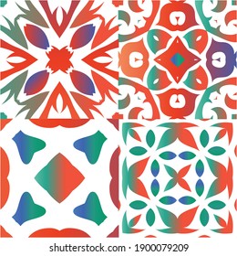 Antique ornate tiles talavera mexico. Fashionable design. Set of vector seamless patterns. Red ethnic backgrounds for T-shirts, scrapbooking, linens, smartphone cases or bags.