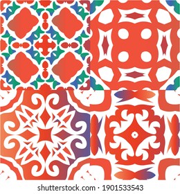 Antique ornate tiles talavera mexico. Graphic design. Kit of vector seamless patterns. Red ethnic backgrounds for T-shirts, scrapbooking, linens, smartphone cases or bags.