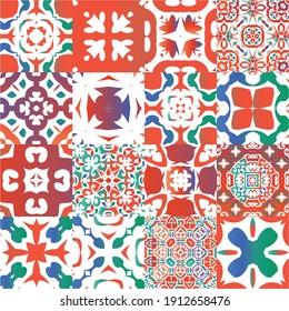 Antique ornate tiles talavera mexico. Collection of vector seamless patterns. Universal design. Red ethnic backgrounds for T-shirts, scrapbooking, linens, smartphone cases or bags.