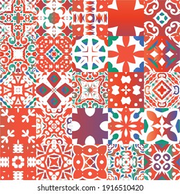Antique ornate tiles talavera mexico. Minimal design. Collection of vector seamless patterns. Red ethnic backgrounds for T-shirts, scrapbooking, linens, smartphone cases or bags.