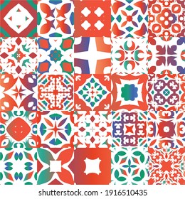 Antique ornate tiles talavera mexico. Kit of vector seamless patterns. Bathroom design. Red ethnic backgrounds for T-shirts, scrapbooking, linens, smartphone cases or bags.