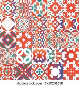 Antique ornate tiles talavera mexico. Collection of vector seamless patterns. Colored design. Red ethnic backgrounds for T-shirts, scrapbooking, linens, smartphone cases or bags.