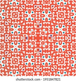 Antique ornate tiles talavera mexico. Vector seamless pattern collage. Original design. Red ethnic background for T-shirts, scrapbooking, linens, smartphone cases or bags.