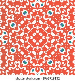 Antique ornate tiles talavera mexico. Vector seamless pattern collage. Original design. Red ethnic background for T-shirts, scrapbooking, linens, smartphone cases or bags.