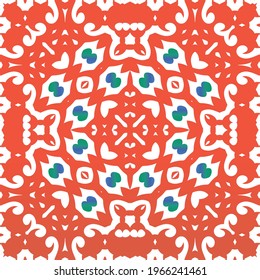 Antique ornate tiles talavera mexico. Vector seamless pattern collage. Original design. Red ethnic background for T-shirts, scrapbooking, linens, smartphone cases or bags.