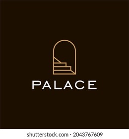 Antique palace arch logo, Historic Niche door icon vector in vintage minimal style design with stair 