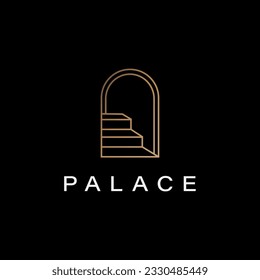 Antique palace arch logo, Historic Niche door icon vector in vintage minimal style design with stair