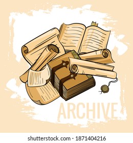 Antique paper, books, parchment scrolls. Illustration in the style of the sketch. Vector isolated on a white background.