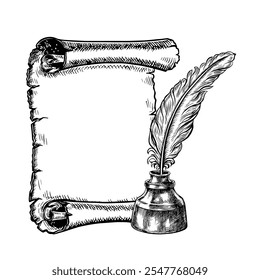 An antique paper scroll and an inkwell with a pen. Vector black and white graphics. Hand-drawn illustration on a white background. For postcards, flyers, posters. For stickers, flyers, banners.