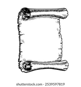 Antique paper scroll. Vector black and white graphics. Hand-drawn illustration on a white background. An element of the design of postcards, flyers, posters. For stickers, flyers, banners and more.