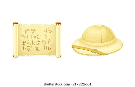 Antique Papyrus Scroll And Hat Of Archaeologist. Objects Of Archaeology Vector Illustration