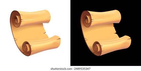 Antique parchment 3D scrolls with curled edges and visible signs of aging. Yellowish scrolls in a 3D cartoon realistic style, perfect as icons for games, UI, UX, KIT, and GUI. Vector illustration.