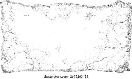 Un antiguo mapa de pergamino con una rosa de la brújula y dibujos de líneas detalladas del terreno.