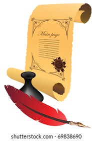 Antique parchment roll and feather with inkpot