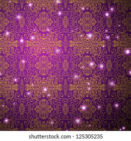 Antique pattern background  with magic pink light. Vector illustration for your fashion design. Endless vintage magenta and yellow ornamental for holiday and party. Easy to change color.