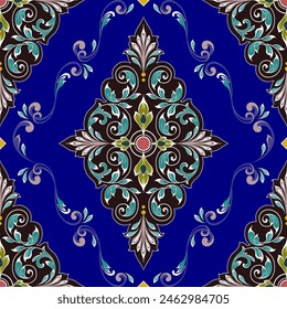 Antique pattern, blue tone Clear in a vintage Baroque style combined with traditional Thai patterns. on a blue background Seamless for digital printing, textiles, wallpapers.