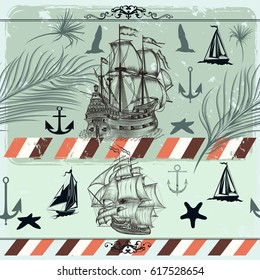 Antique pattern or illustration with palm leafs and ships. Sea or ocean style