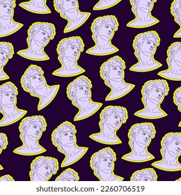 Antique pattern marble statue of David.   Mythical, ancient greek style. Hand drawn trendy Vector illustration. Trending Greek Gods Vector Art Portrait Seamless Pattern. Square Seamless Pattern.