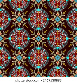 Antique patterns in a vintage Baroque style combined with Thai patterns. On a red-brown background, seamless for digital printing, textiles, wallpaper.