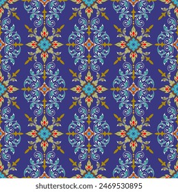 Antique patterns in a vintage Baroque style combined with Thai patterns. On purple background, seamless for digital printing, textiles, wallpaper.