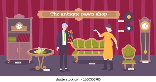 Antique pawnshop customers looking  for furniture vinyl records clock  valuable collectible interior objects flat banner vector illustration 