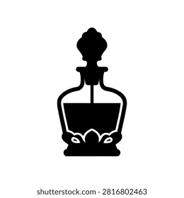 Antique perfume bottle, detailed base, decorative stopper, timeless perfume, exotic essences, historical luxury, vintage beauty advertisements, heritage brand promotion, intricate, classic design, graphic resource.