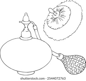 Antique perfume bottle and a powder puff. Can be used for beauty, cosmetics, and perfume ads. Designing vintage-themed packaging, labels, or logos. design element for a fashion or lifestyle blog