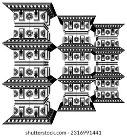 Vector del pilar antiguo 06. Tres Pilares En La Columna De La Pared De Fila. Ilustración Aislada En Fondo Blanco. Fondo del patrón de textura del pilar de pilón clásico.