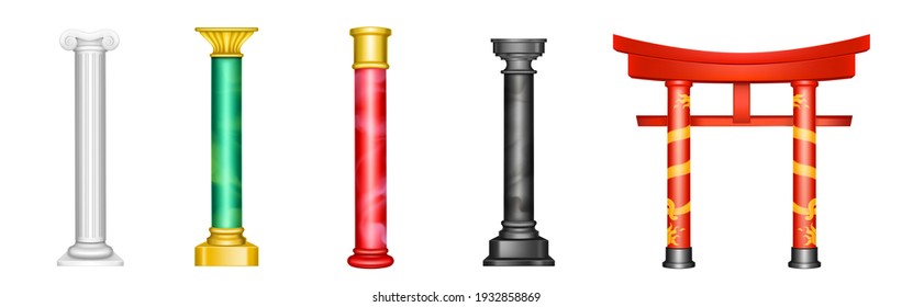 Antique pillars, ancient columns with golden decoration and red, green, white or black colored texture. Roman, chinese or arabic decor, luxury architecture elements, Realistic 3d vector isolated set