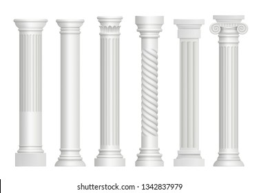 Antique pillars. Greek historical rome classic columns vector realistic illustrations