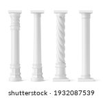 Antique pillars isolated on white background. Ancient classic stone columns of roman or greece architecture with twisted and groove ornament for interior facade design, Realistic 3d vector mockup, set